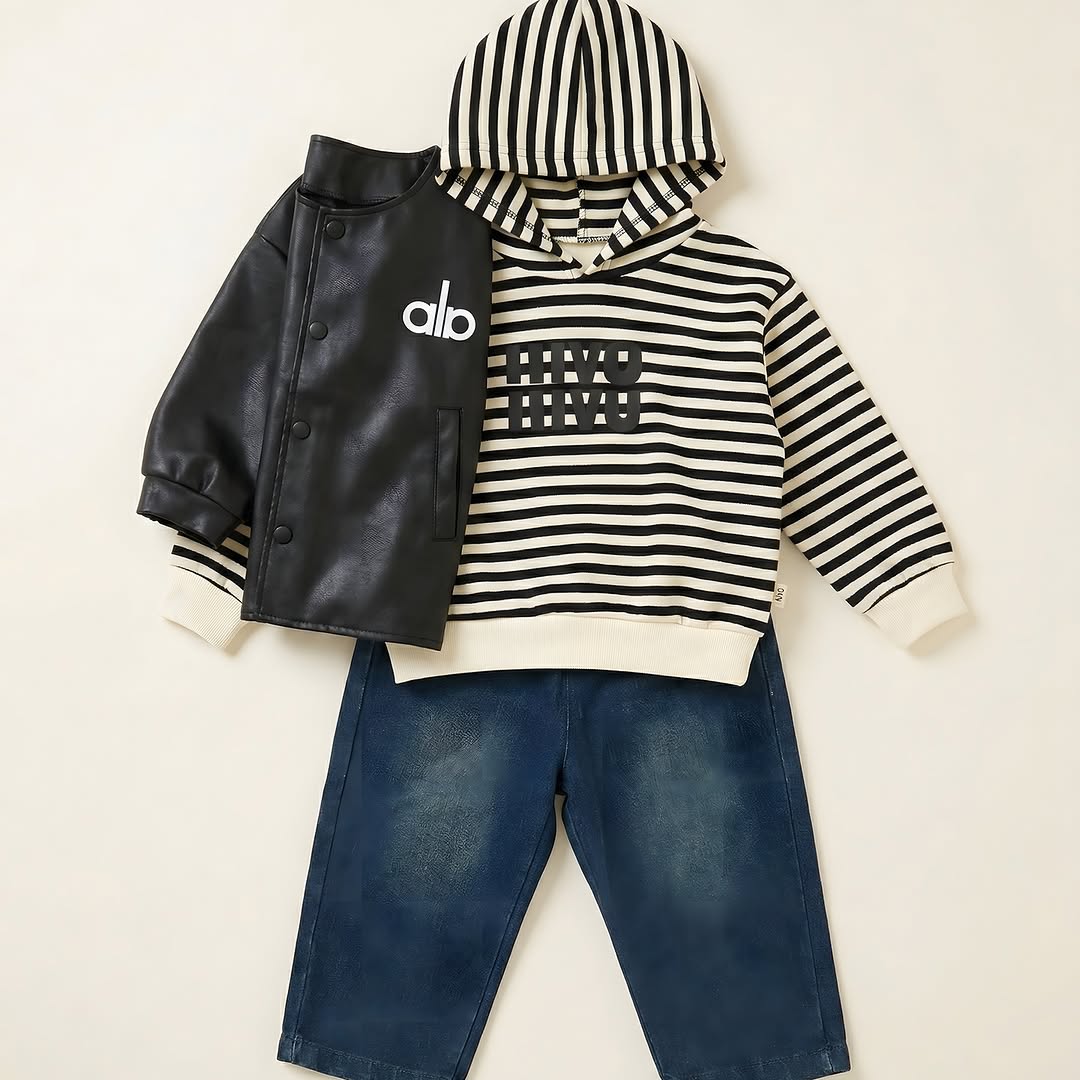 Boys black 3-piece full look - elasticated denim and faux leather jacket