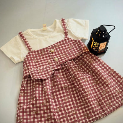 Red and cream checkered pinafore set for girls - cotton blend birthday party wear