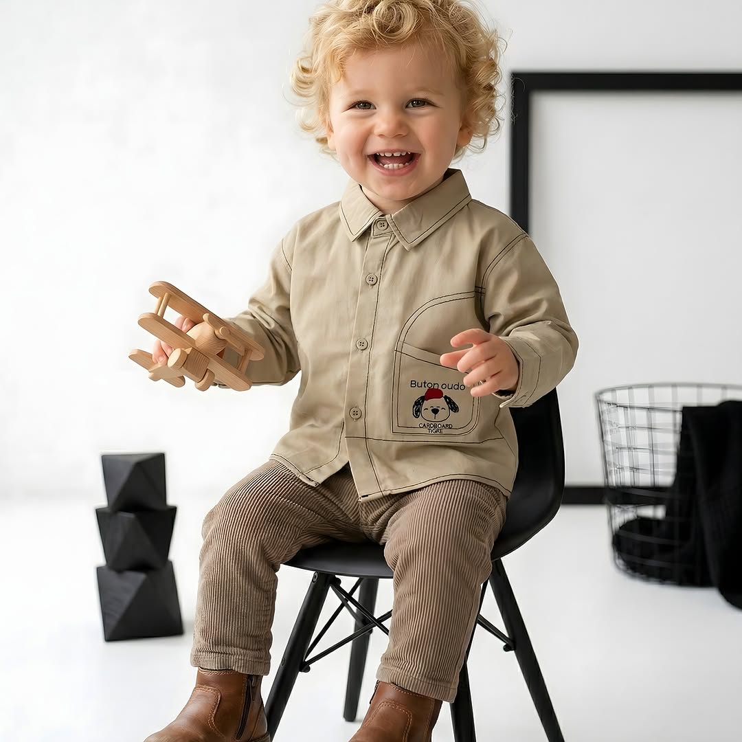 Khaki boys shirt with dog motif chest pocket - 100% cotton kids clothing India