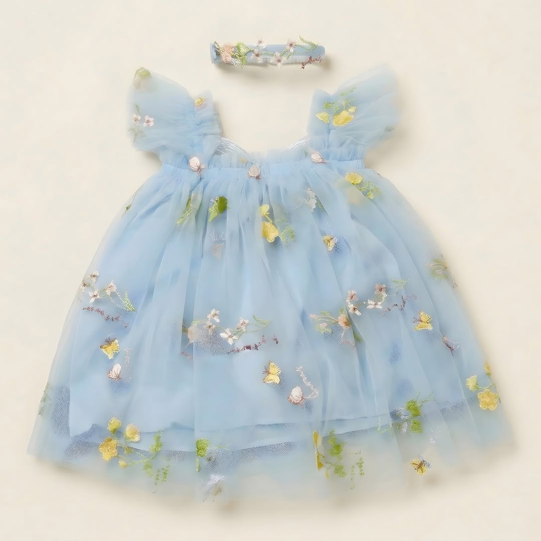 Blue party dress for baby girl with headband included - imported kids clothing