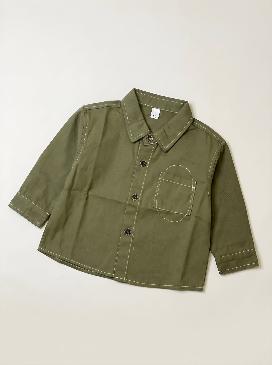 Olive green cotton shirt with white contrast stitching for boys - premium kids clothing