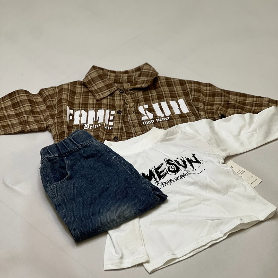 3-piece boys coord set with plaid shirt - breathable cotton denim kids fashion
