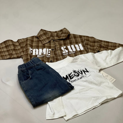 3-piece boys coord set with plaid shirt - breathable cotton denim kids fashion