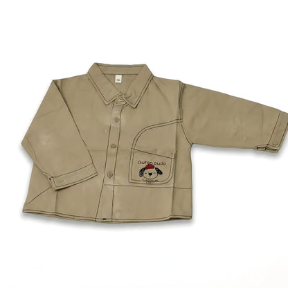 Boys casual shirt in khaki with embroidered dog detail - breathable cotton kids fashion