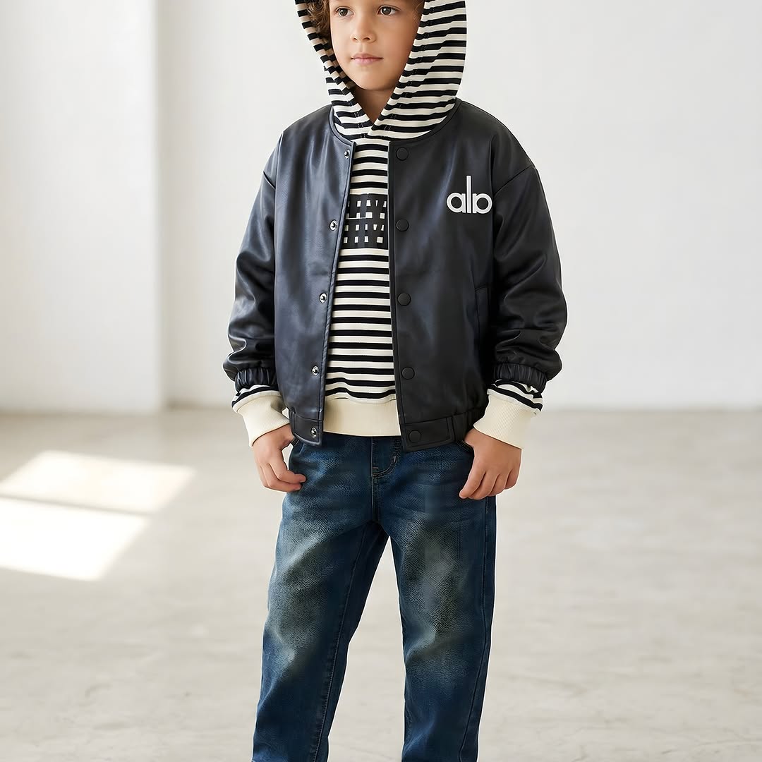 Luxury black kids 3-piece outfit with faux leather bomber - boys birthday gift set
