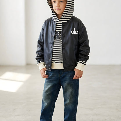 Luxury black kids 3-piece outfit with faux leather bomber - boys birthday gift set