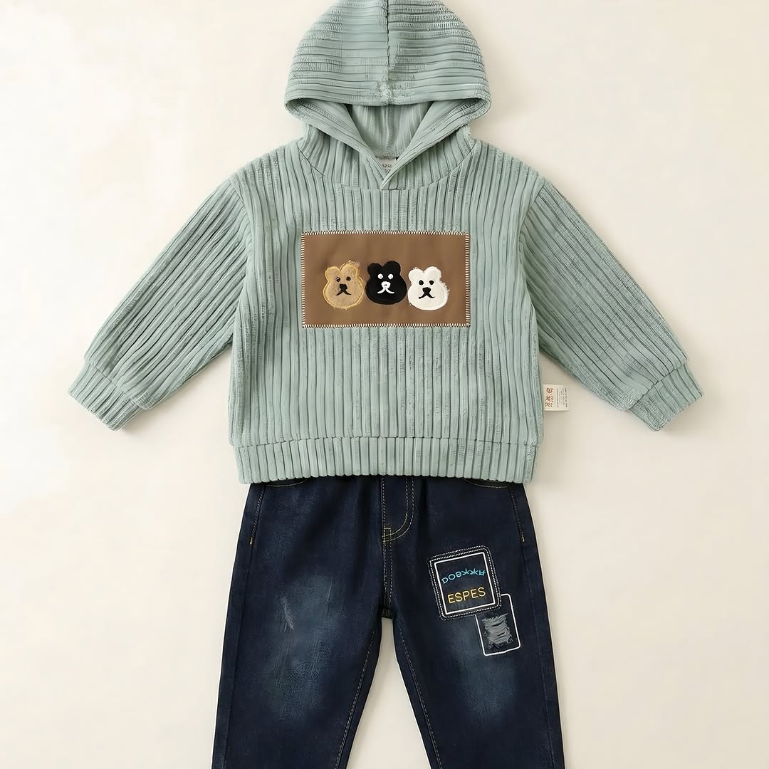 Mint green hoodie with 3-bear embroidery and denim jeans for boys - kids coord set