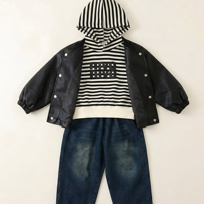 Boys premium 3-piece close-up - silver snap buttons and striped hoodie detail