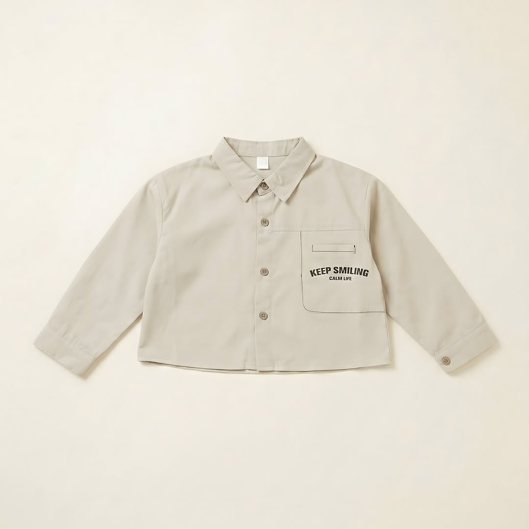 Beige slogan cropped shirt for kids - relaxed fit cotton jersey everyday wear