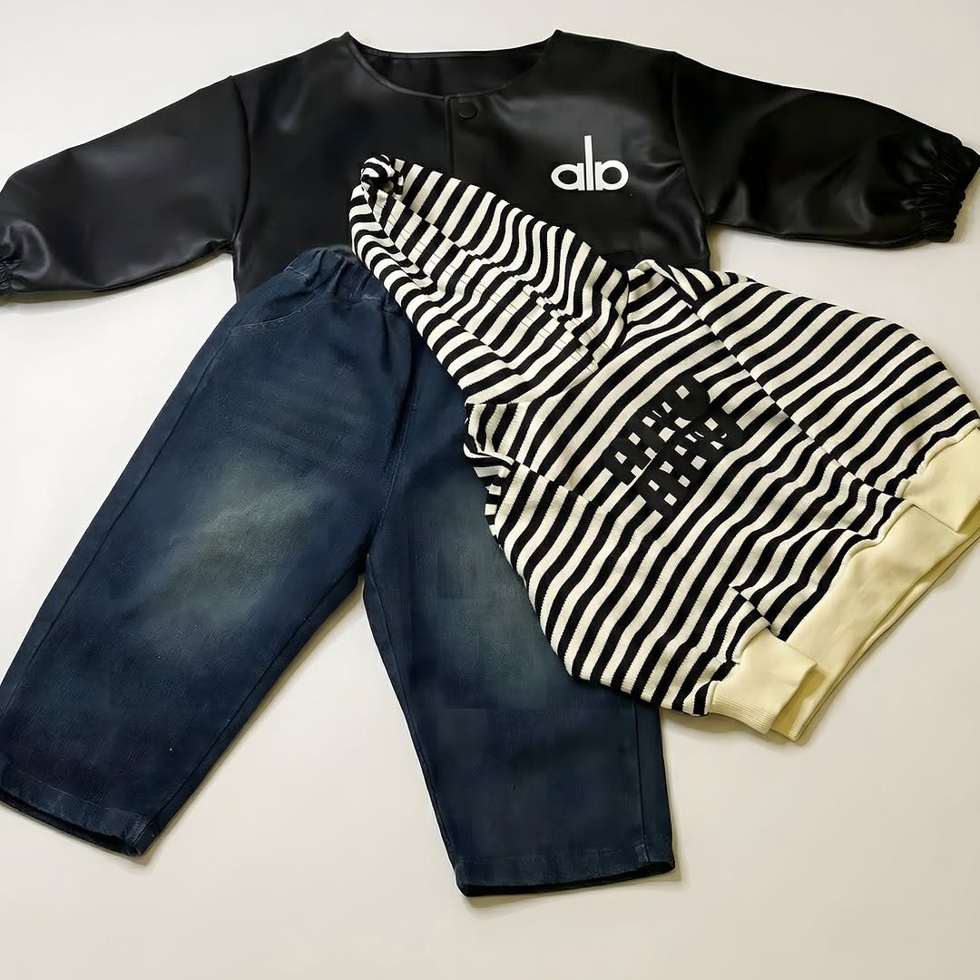 Faux leather bomber with striped fleece hoodie for boys - imported kids luxury clothing