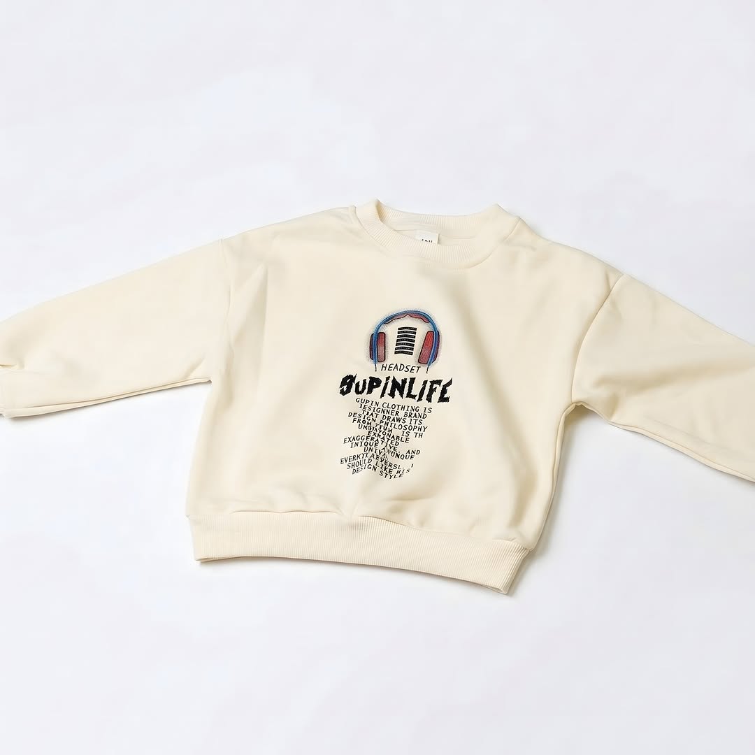 Cream fleece sweatshirt with headset embroidery for kids - Supinlife print kids top