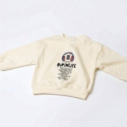 Cream fleece sweatshirt with headset embroidery for kids - Supinlife print kids top