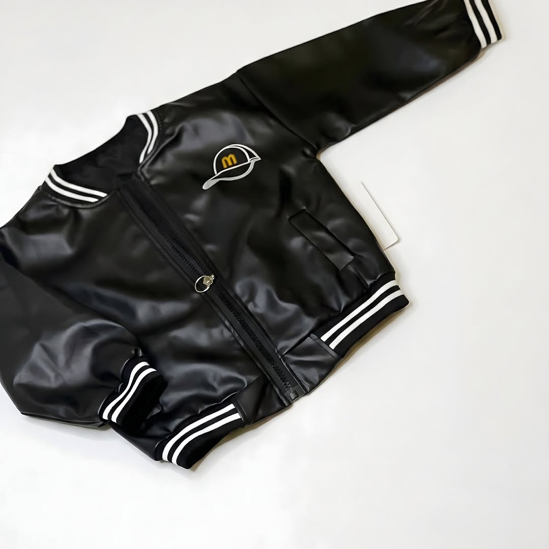 Black faux leather bomber jacket for boys with gold badge - premium birthday outfit