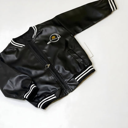Black faux leather bomber jacket for boys with gold badge - premium birthday outfit
