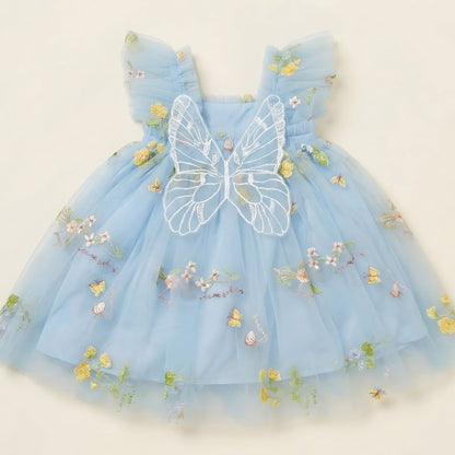 Sky blue tulle butterfly dress for toddler girls - embroidered wildflowers and butterflies