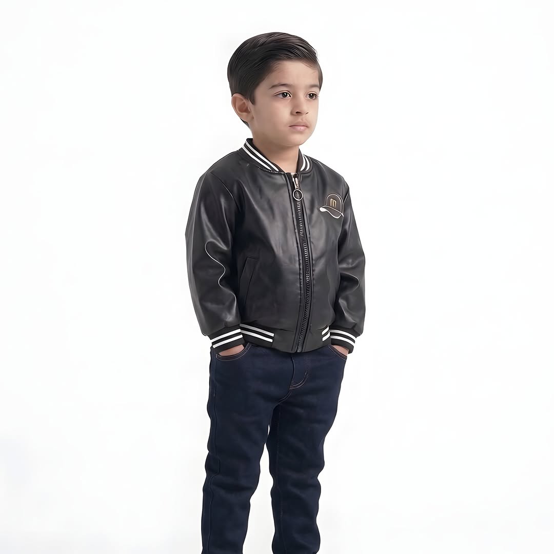 Boys black leather bomber set side view - denim jeans with elasticated waist
