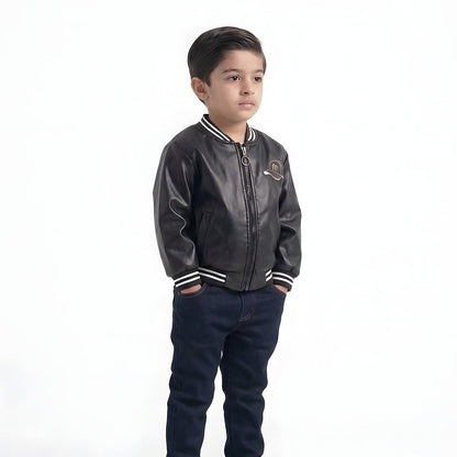Boys black leather bomber set side view - denim jeans with elasticated waist