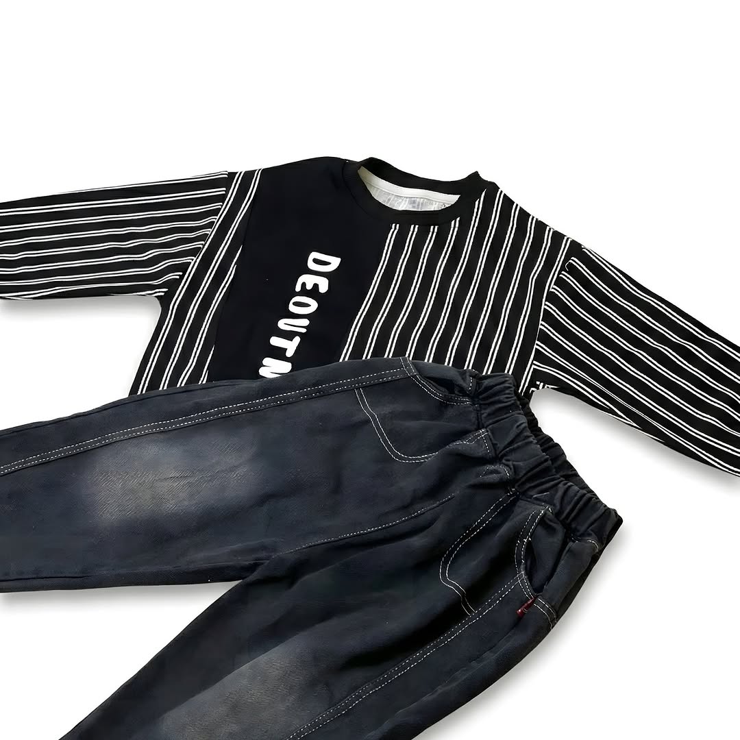 Monochrome boys coord set - graphic fleece sweatshirt with denim jeans for kids