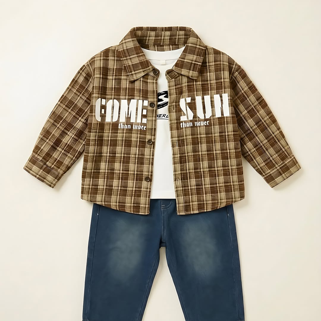 Boys plaid overshirt with graphic tee and denim jeans - kids streetwear birthday outfit