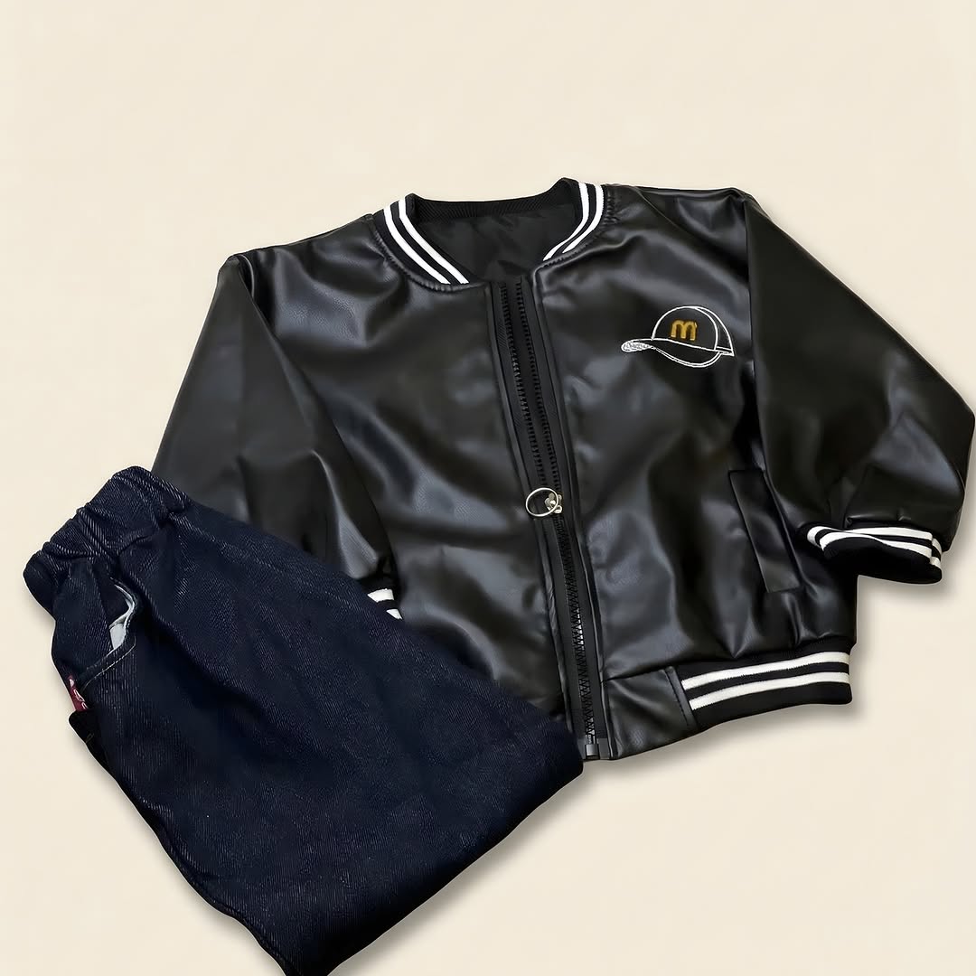 Kids black PU bomber jacket back view - stylish boys party wear