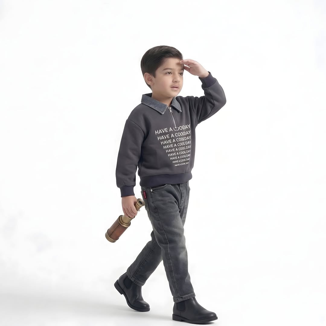 Boys grey fleece and denim 2-piece set - elasticated waist jeans for comfort