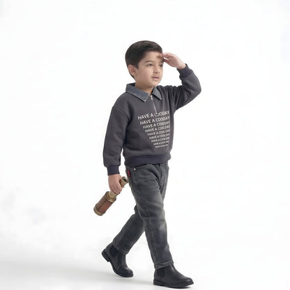 Boys grey fleece and denim 2-piece set - elasticated waist jeans for comfort