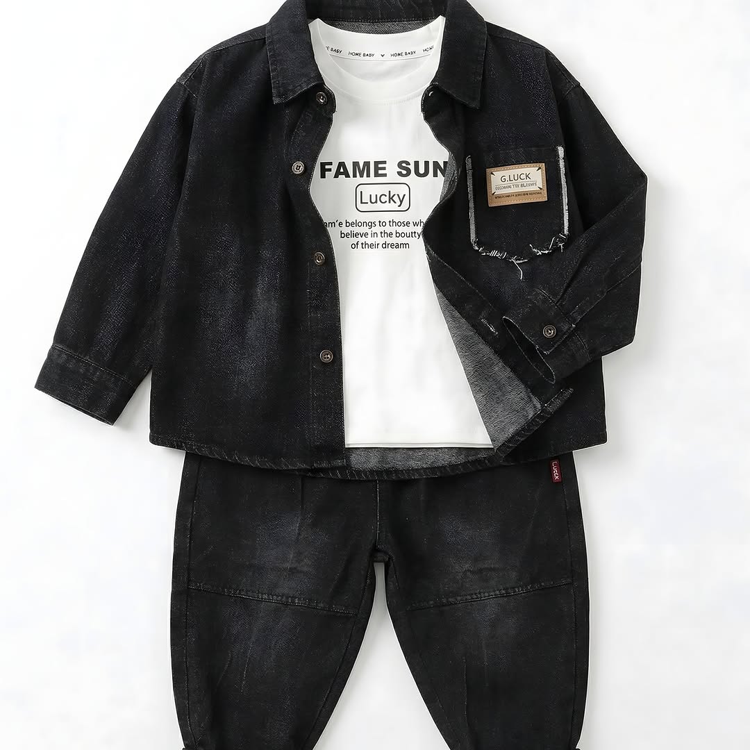 Black denim 3-piece kids streetwear with G.LUCK leather badge - boys birthday outfit