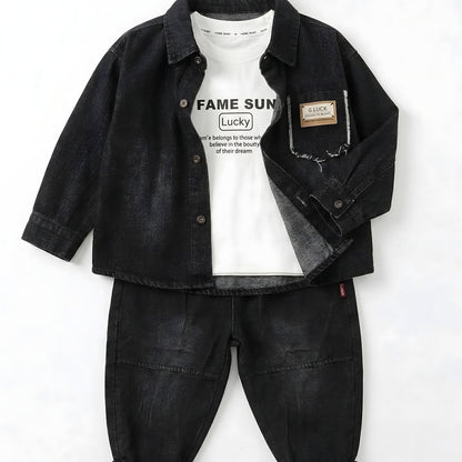 Black denim 3-piece kids streetwear with G.LUCK leather badge - boys birthday outfit