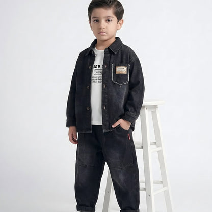 Boys black cargo denim set side view - premium denim with cargo panel detailing
