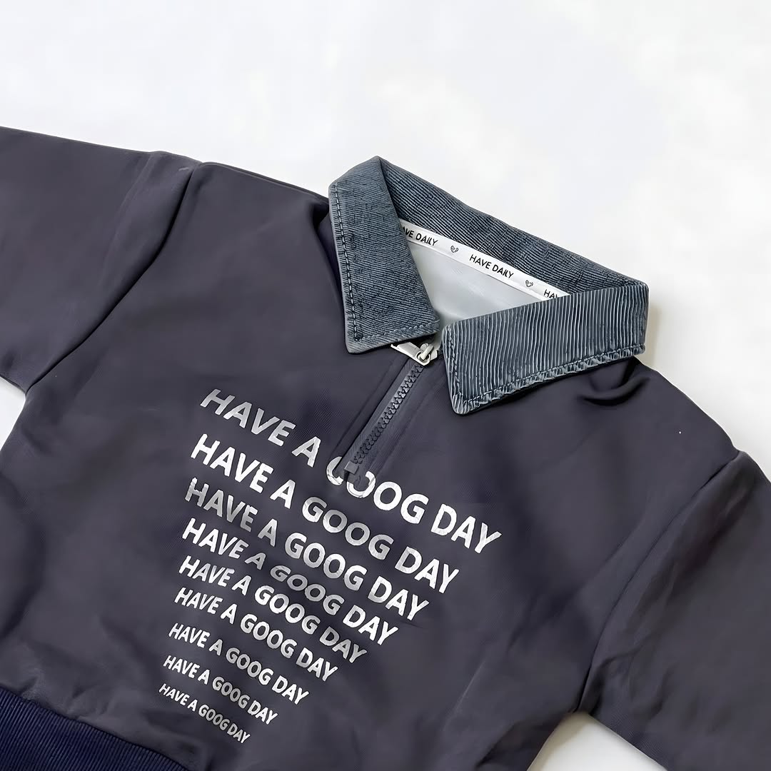 Charcoal grey kids coord set side view - premium cotton fleece and denim