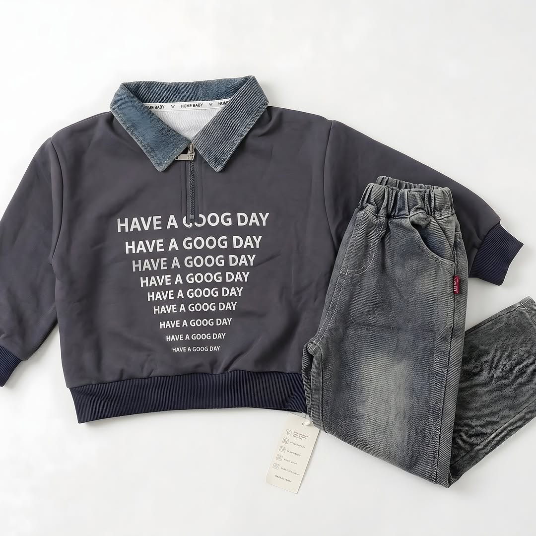 Grey boys coord set with typography graphic and corduroy collar detail - kids fashion