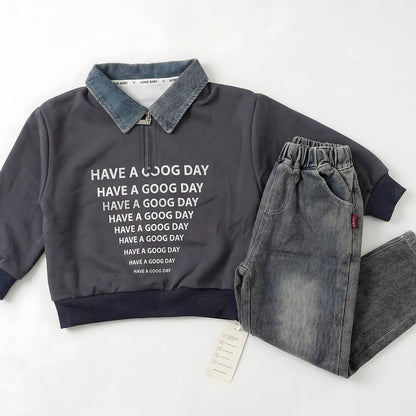 Grey boys coord set with typography graphic and corduroy collar detail - kids fashion