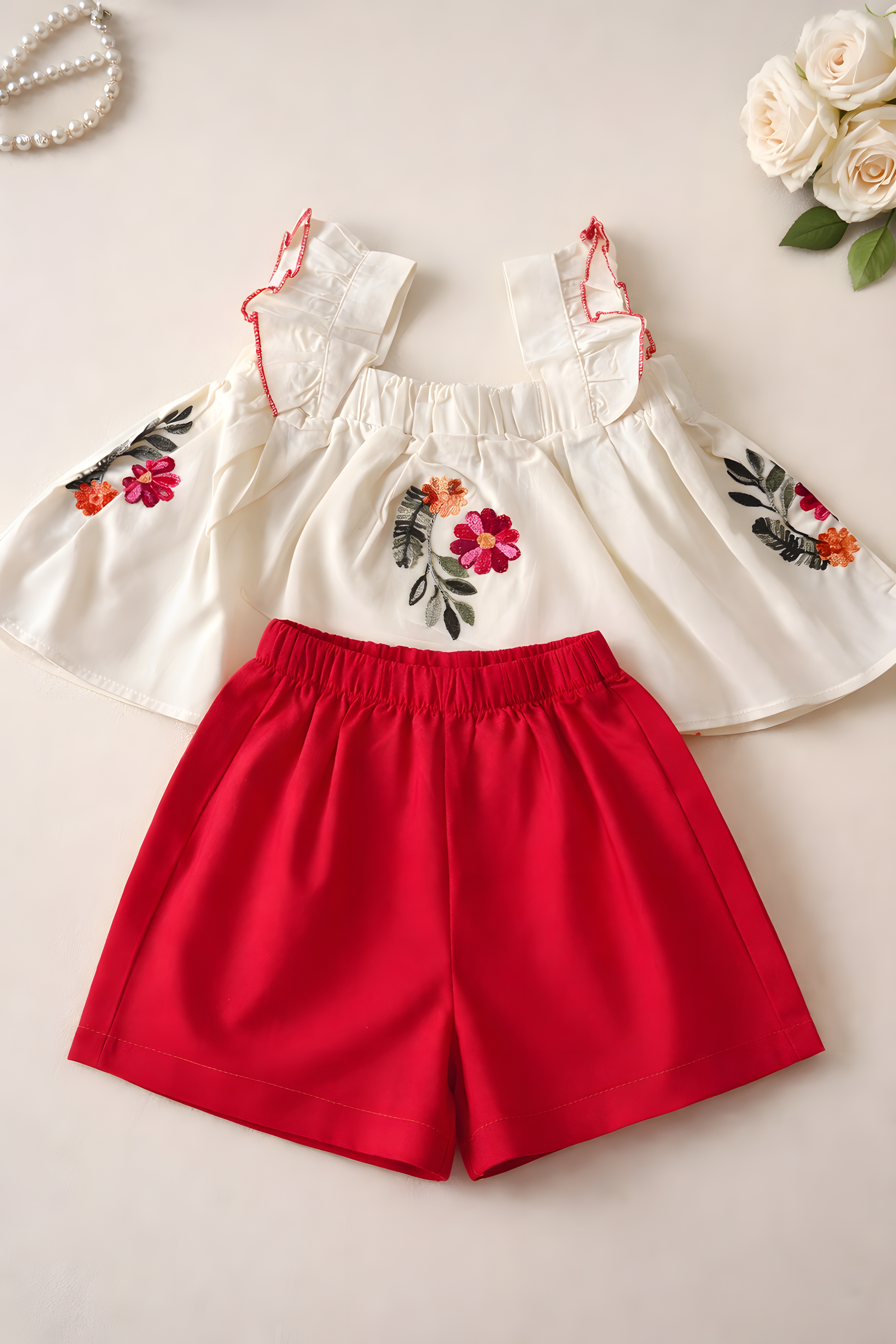 Red floral 2-piece set for girls - hand-embroidered top with elasticated red shorts