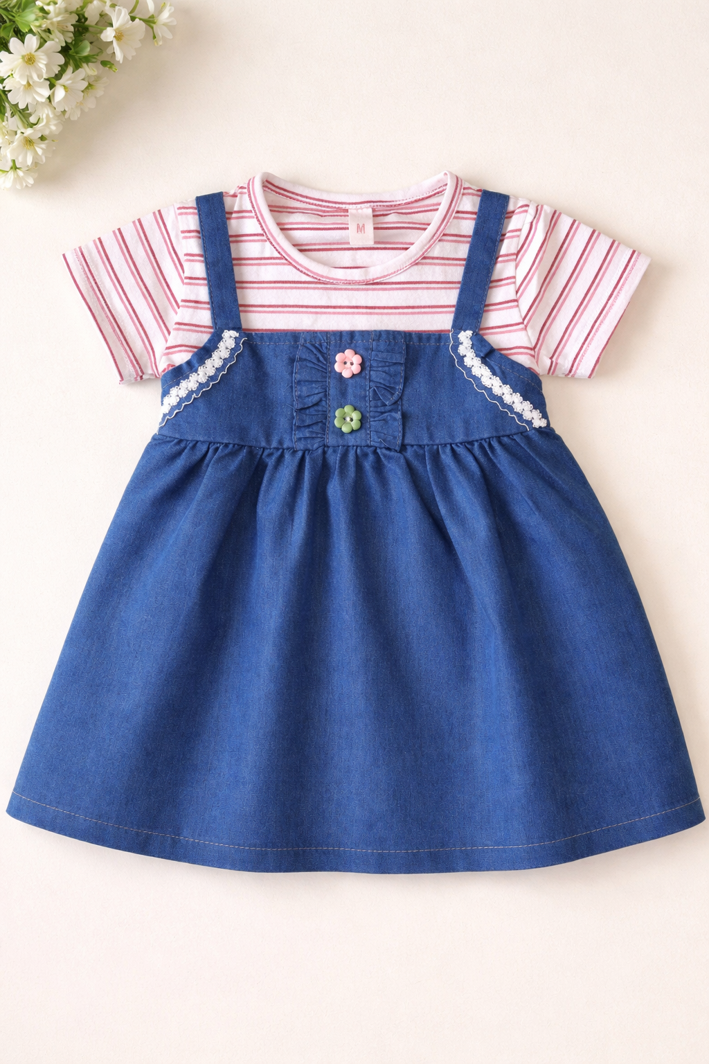 Striped pinafore dress set for baby girls - denim and cotton jersey imported kids clothing