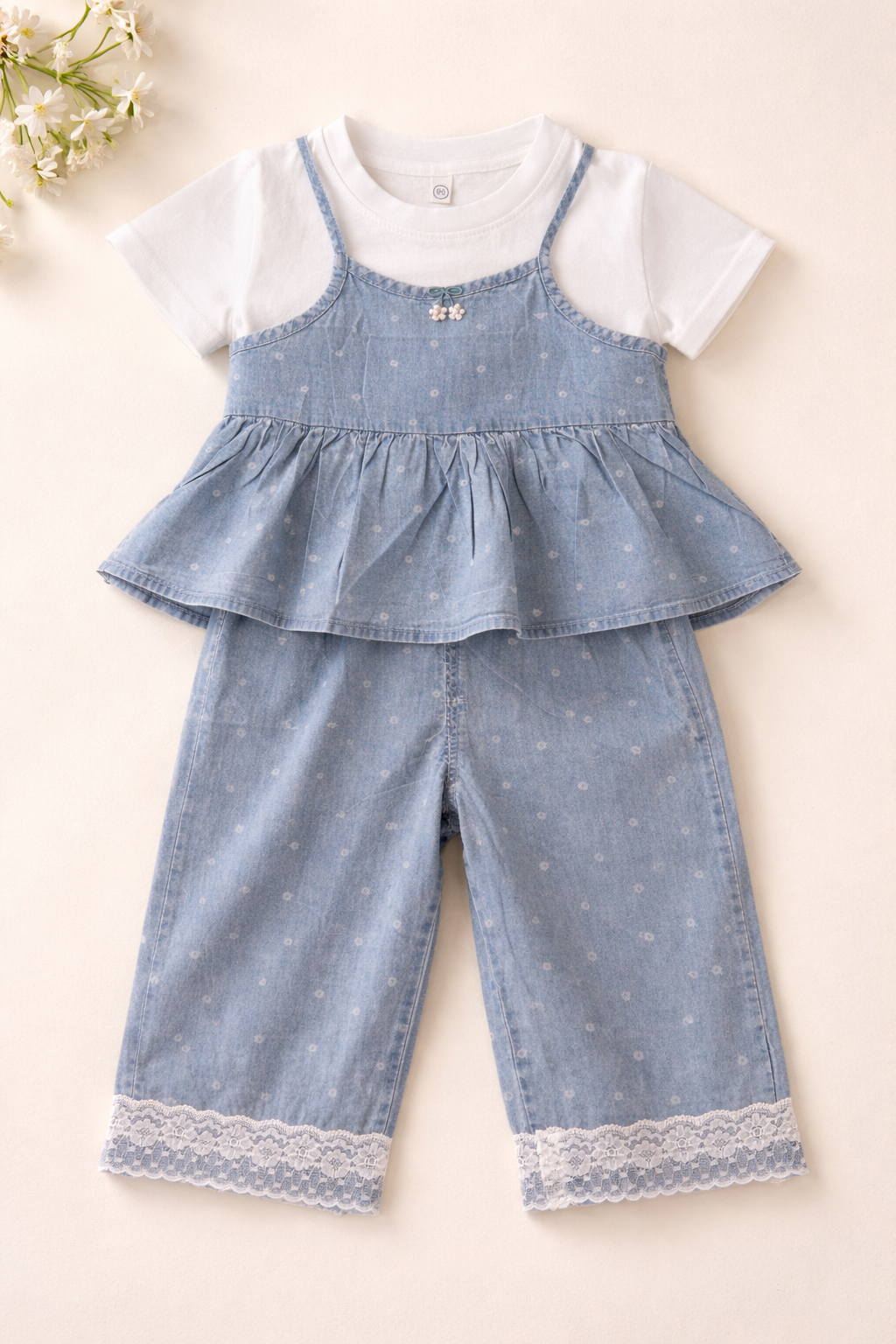 Blue denim peplum set for baby girls with soft cotton inner tee and lace pants