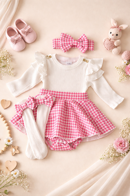 Pink houndstooth dress set for babies - complete 4-piece with ribbed cotton bodice