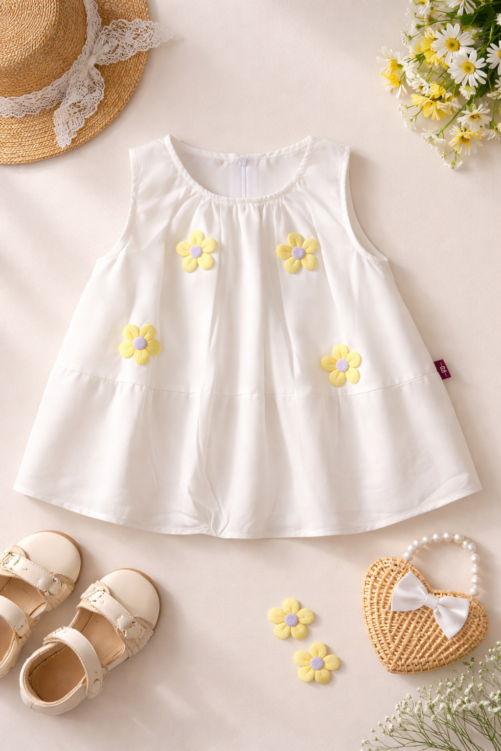 White A-line top with hand-stitched 3D daisy flowers for girls - tiered hem summer top