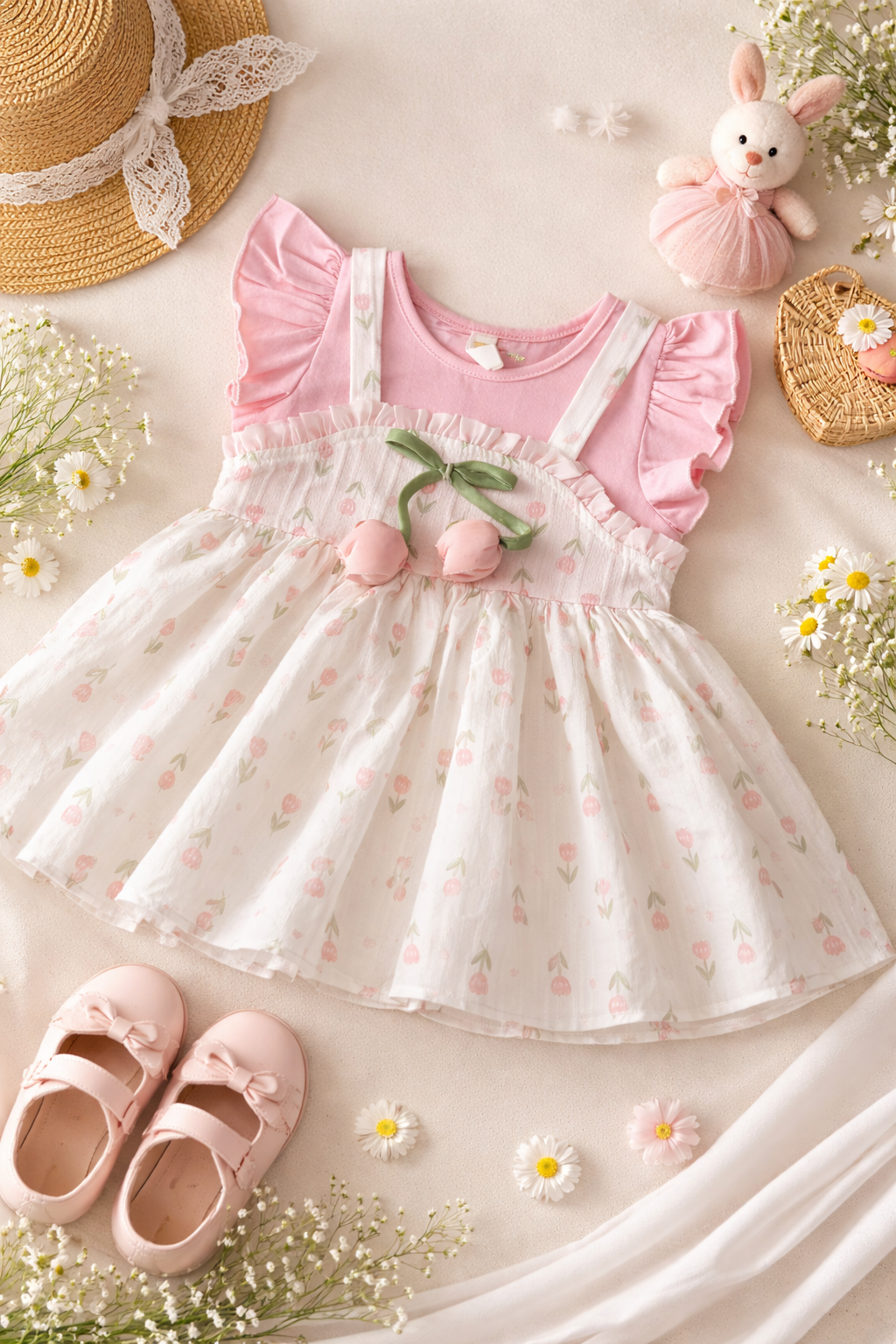 Pink floral birthday dress set for babies - cotton bodice with chiffon floral overlay