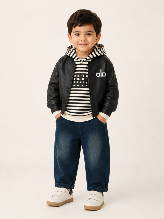 Kids Boys Black Faux Leather Bomber 3-Piece Set