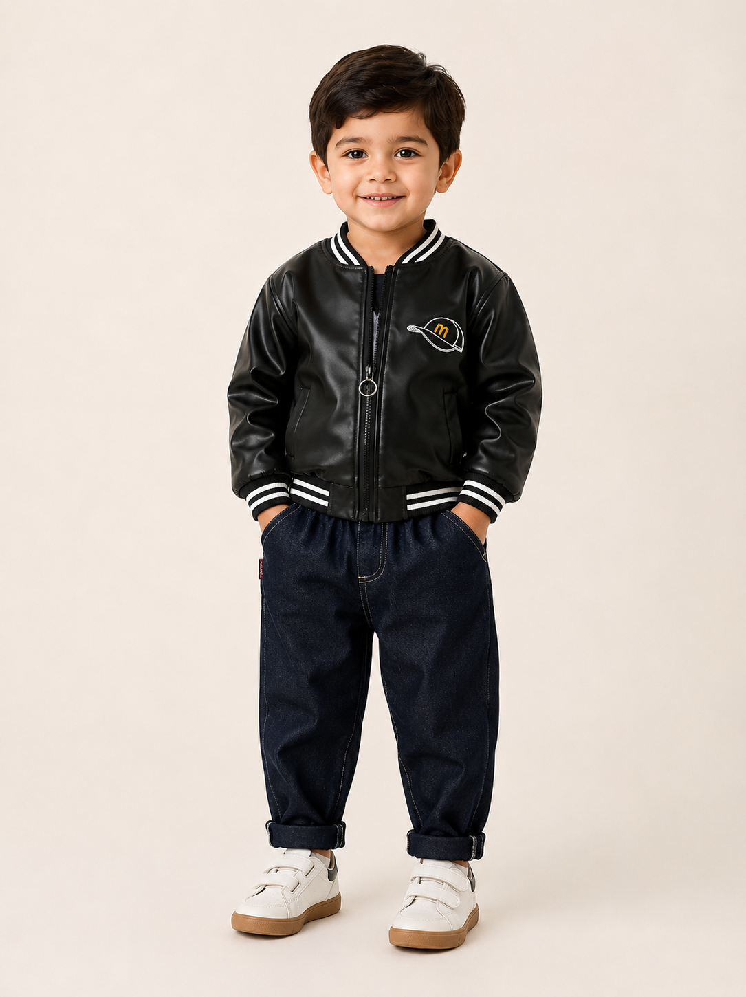 Kids Boys Black PU Leather Bomber 2-Piece Set