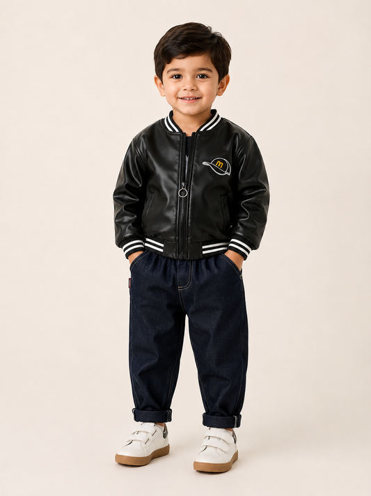 Kids Boys Black PU Leather Bomber 2-Piece Set
