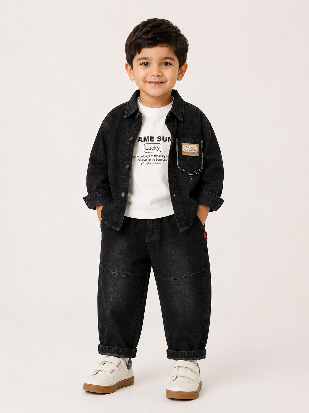 Kids Boys Black Denim Cargo 3-Piece Set