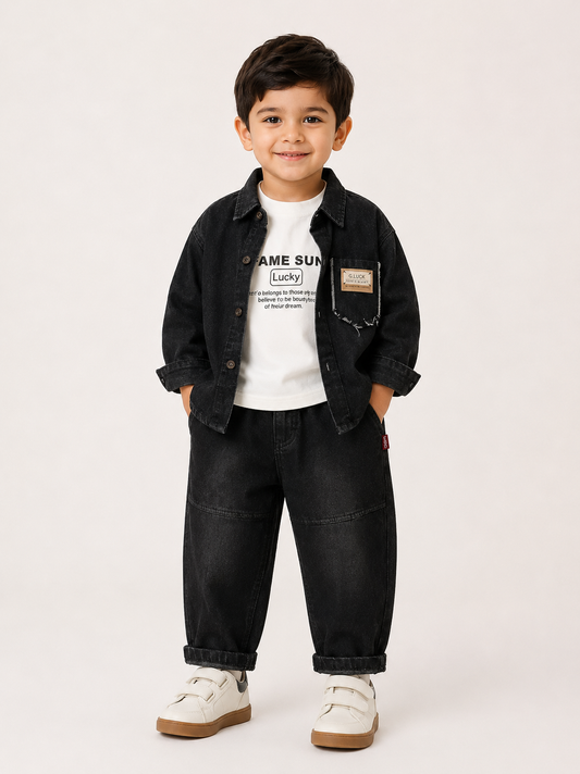 Kids Boys Black Denim Cargo 3-Piece Set