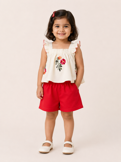 Girls Red Floral Cold-Shoulder Top & Shorts Set