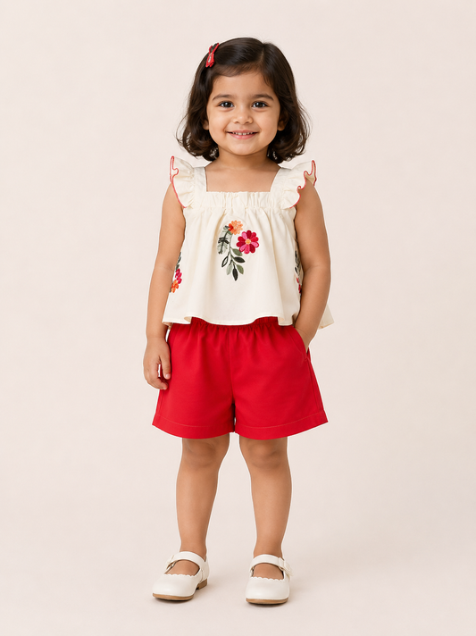 Girls Red Floral Cold-Shoulder Top & Shorts Set