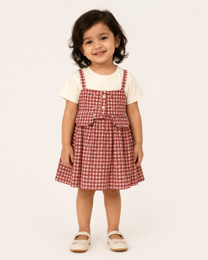 Girls Red Plaid Pinafore 2-Piece Dress Set