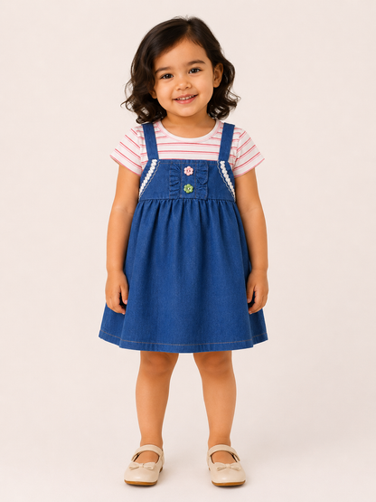 Girls Pink Striped Denim Pinafore Dress Set