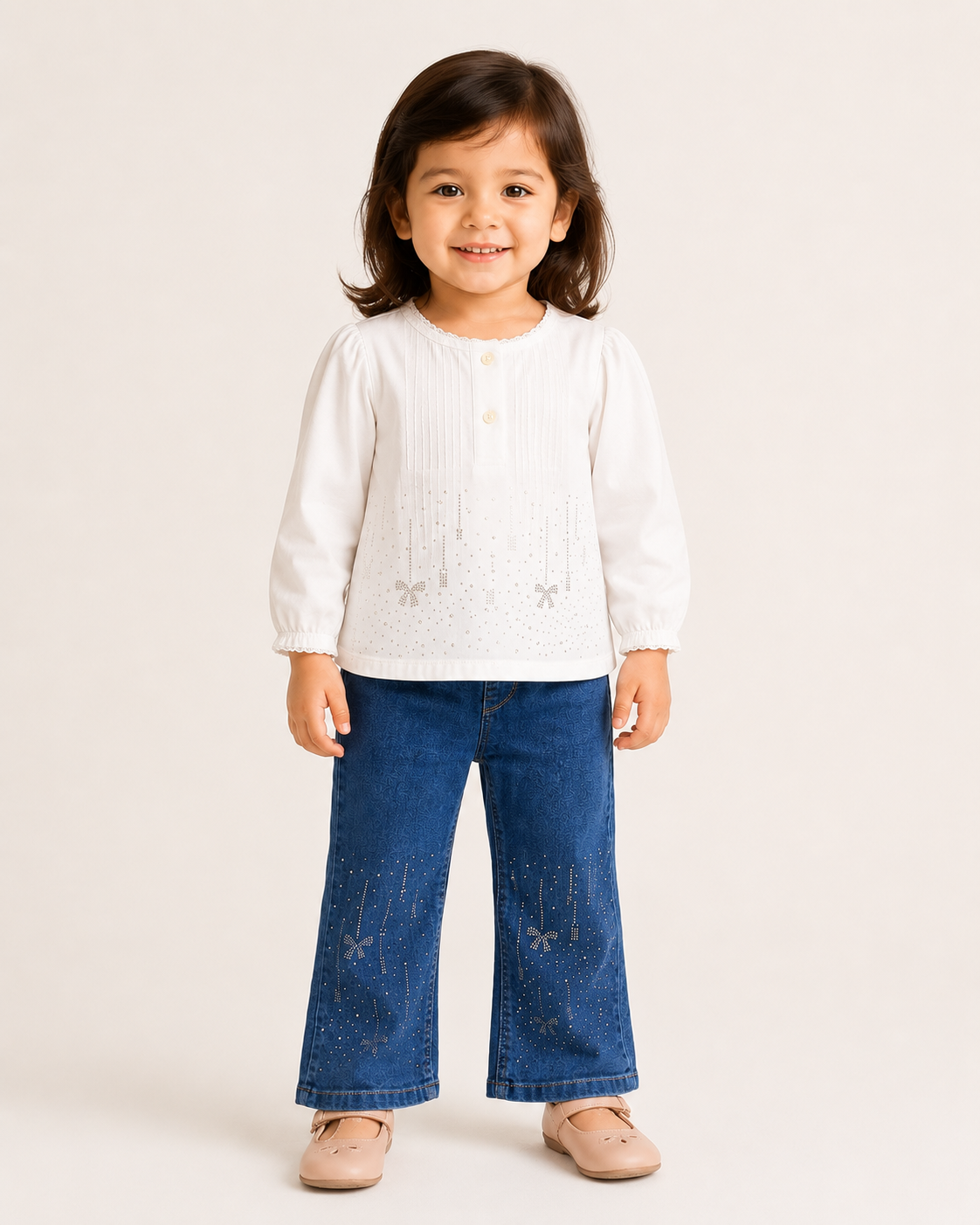 Girls Blue Rhinestone Bow Flare Jeans