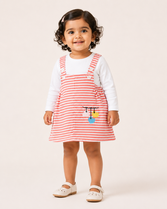 Girls Coral Striped Pinafore Dress Set