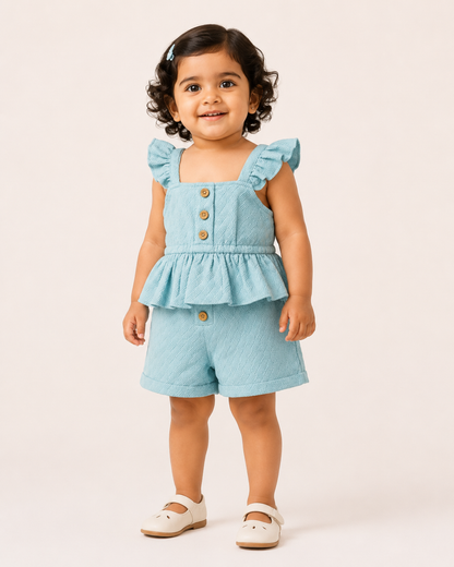 Girls Mint Blue Peplum Top & Shorts Set